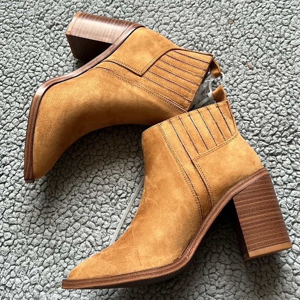 Slip on Pointed Toe Chunky Mid Heel Elastic Panel Casual Chelsea Western Booties - Picture 4 of 5
